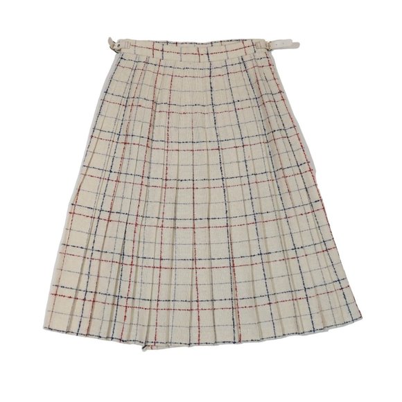 Vintage JANE DUNCAN Plaid Pleated Wrap Skirt Size 0 Cream Red Blue Academia - Picture 2 of 6
